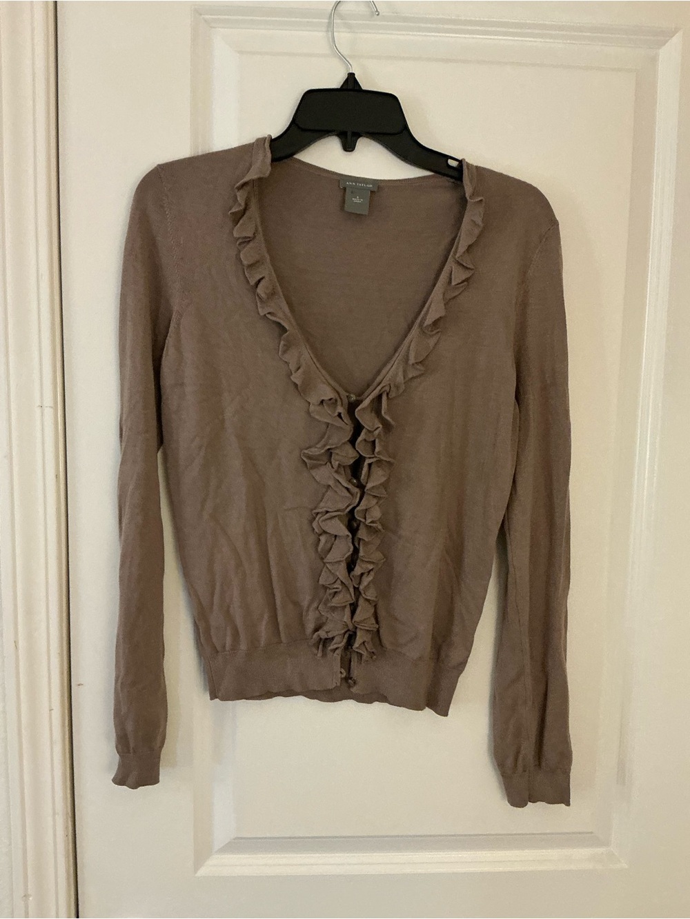 Ann Taylor Women's Ruffle Front V-Neck Button Cardigan Knit Sweater, Taupe S